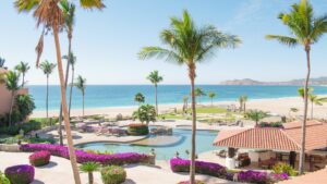 All-inclusive resort on the coast of Mexico with palm trees and blue sea