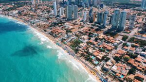 Tropical beach coastline in Brazil with blue ocean and clear skies